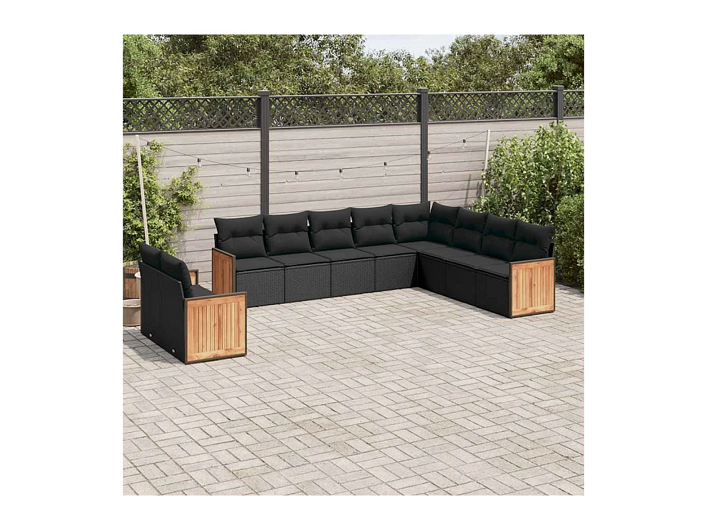 Set Divani da Giardino 10pz con Cuscini in Polyrattan Nero