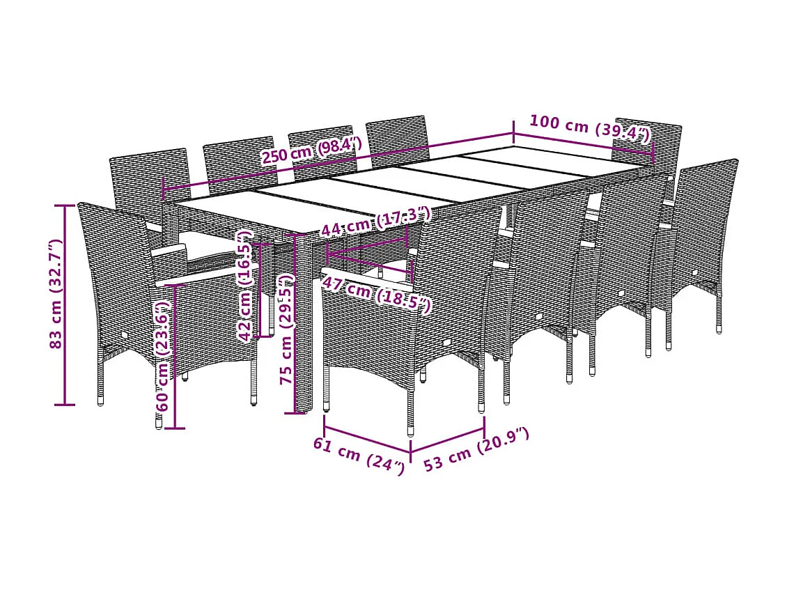 11 pcs conjunto jantar jardim com almofadões vime PE/vidro bege