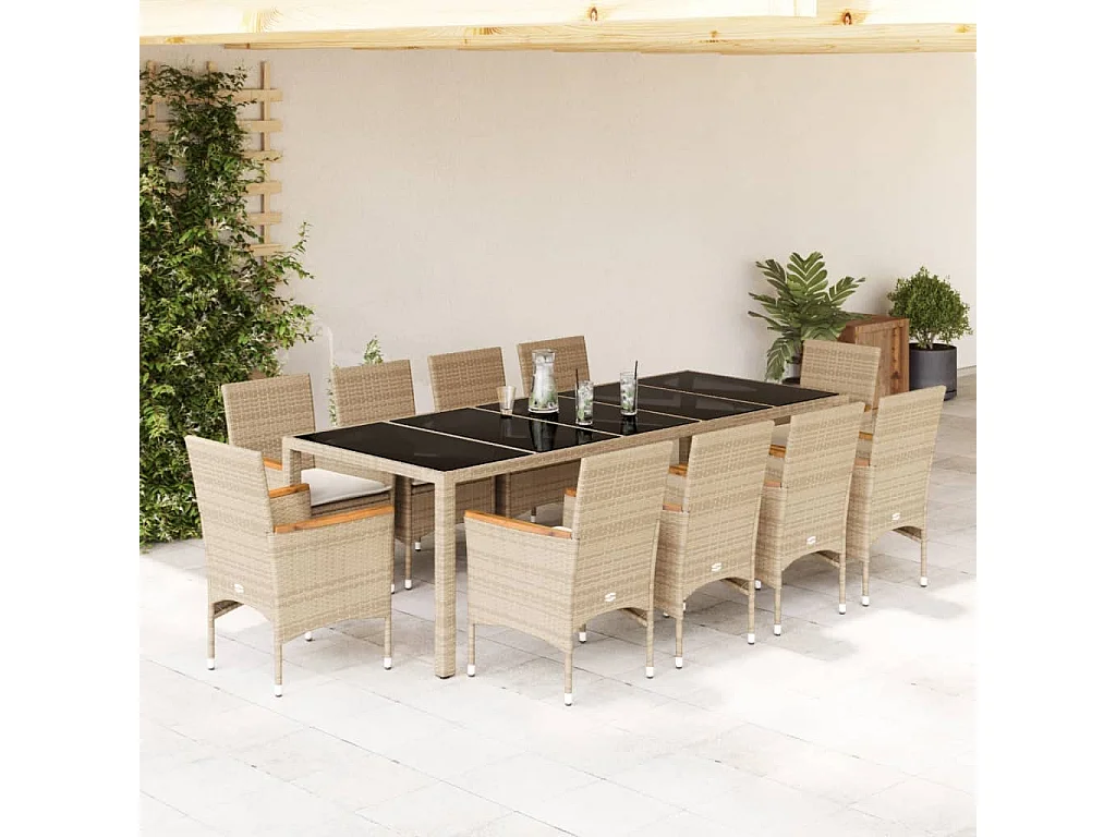 Ensemble à manger de jardin et coussins 11pcs beige rotin verre