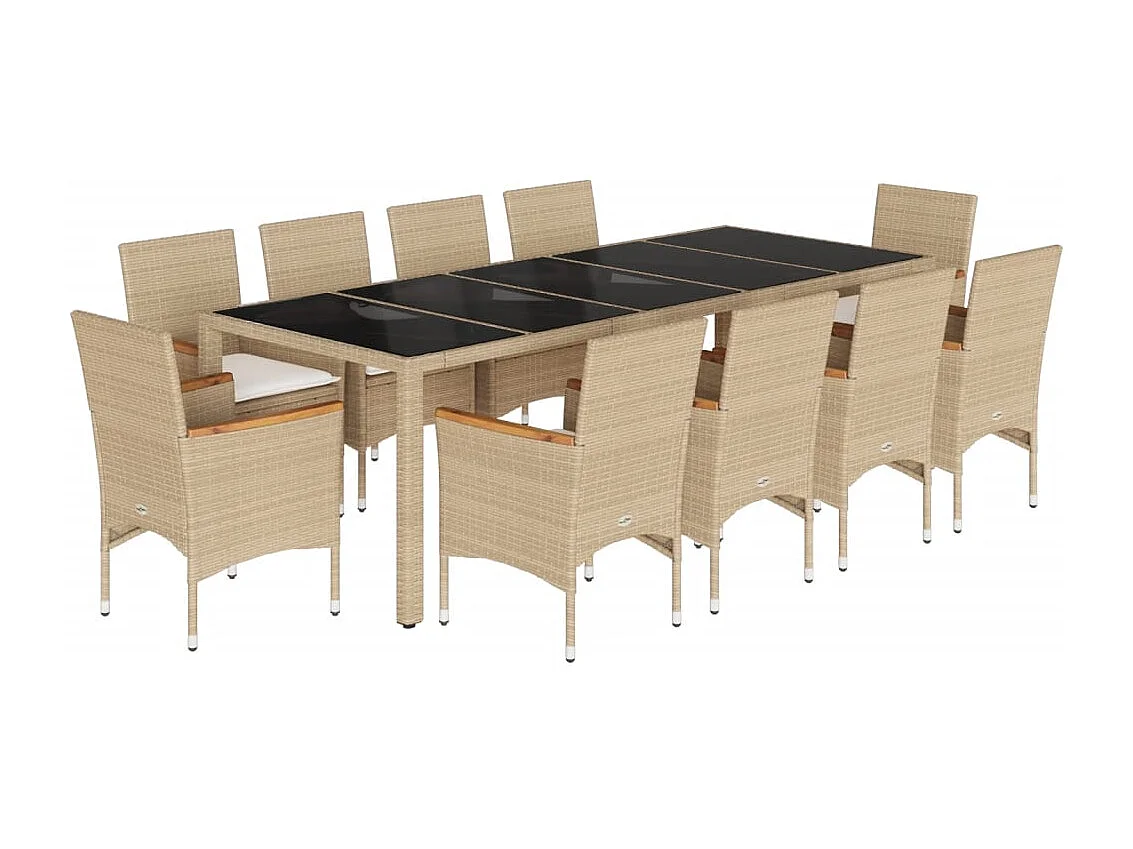 Ensemble à manger de jardin et coussins 11pcs beige rotin verre