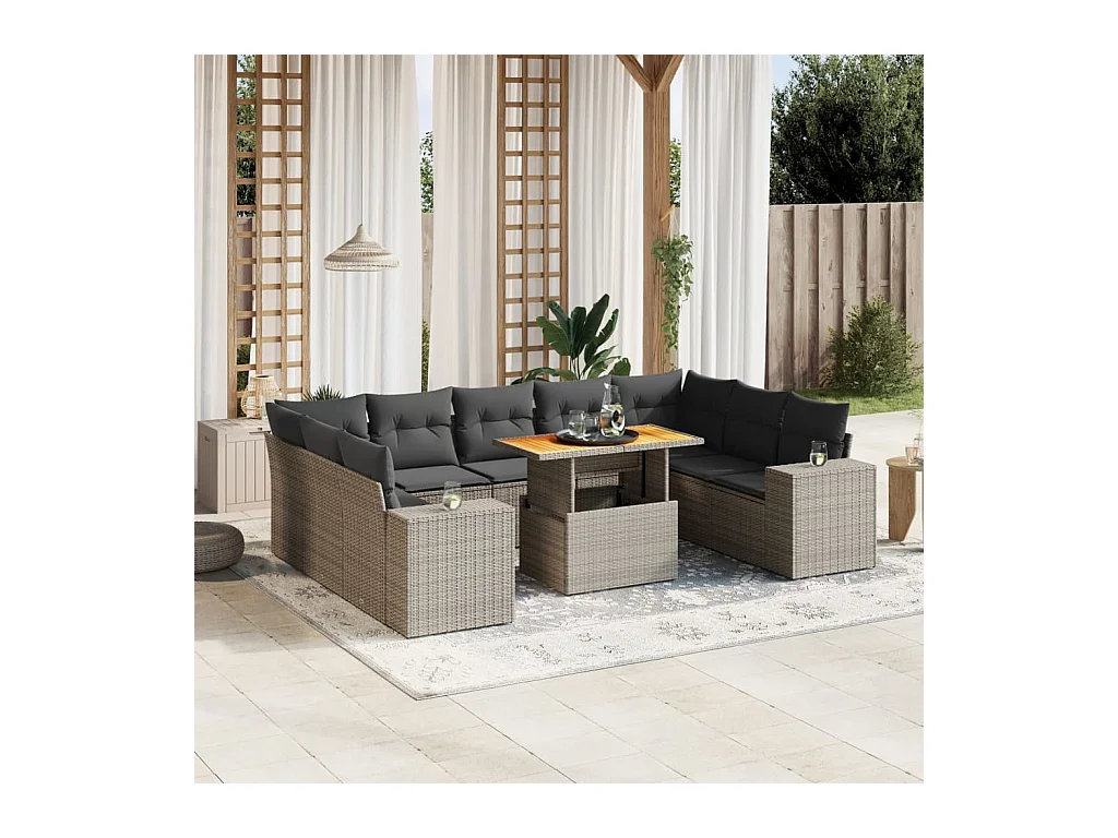 10-delige Loungeset met kussens poly rattan grijs