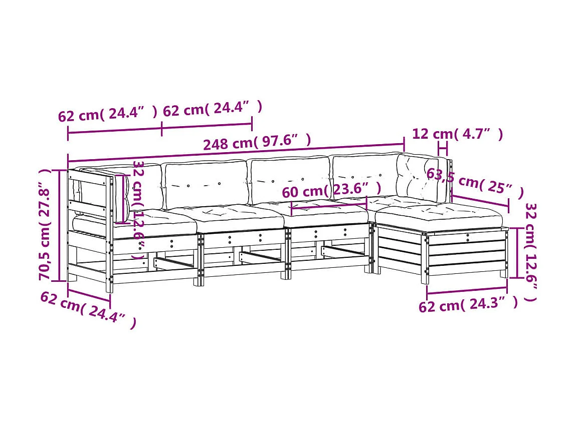 5-tlg. Garten-Lounge-Set mit Kissen Massivholz Kiefer