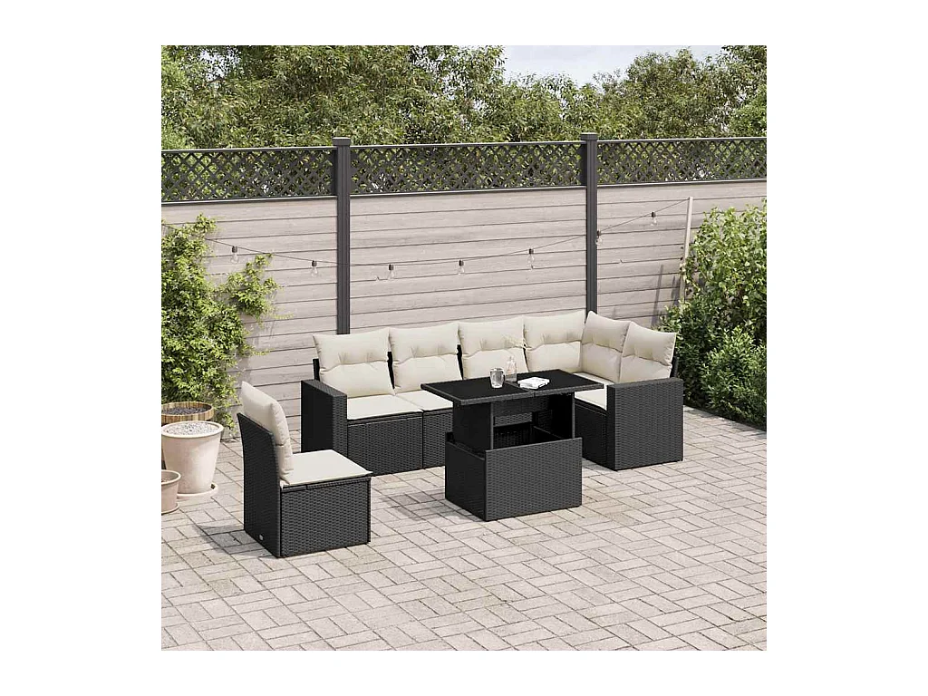 Salon de jardin 7 pcs avec coussins noir résine tressée