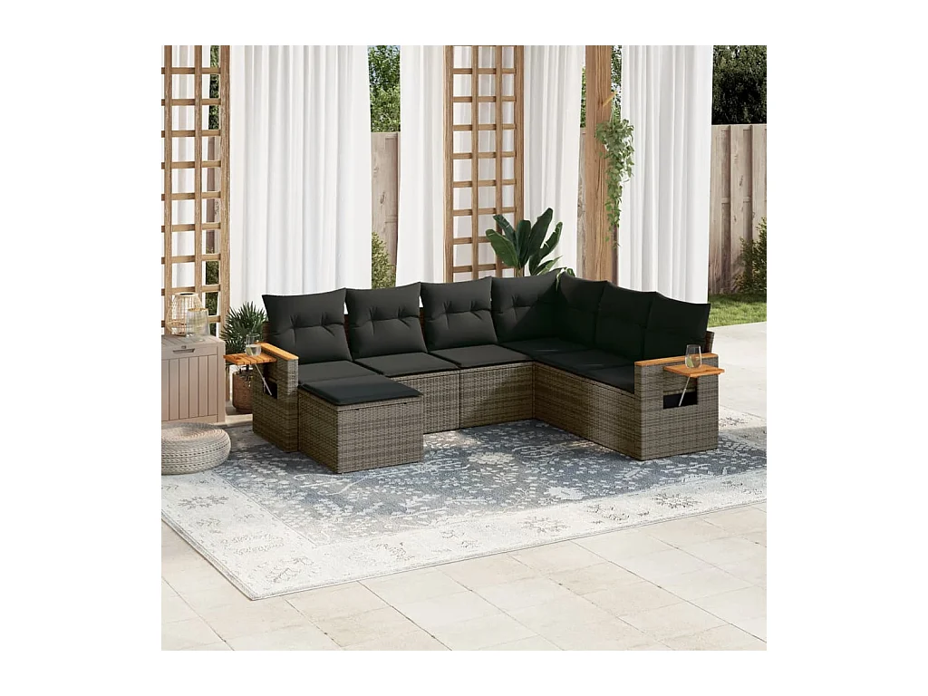 7-delige Loungeset met kussens poly rattan grijs