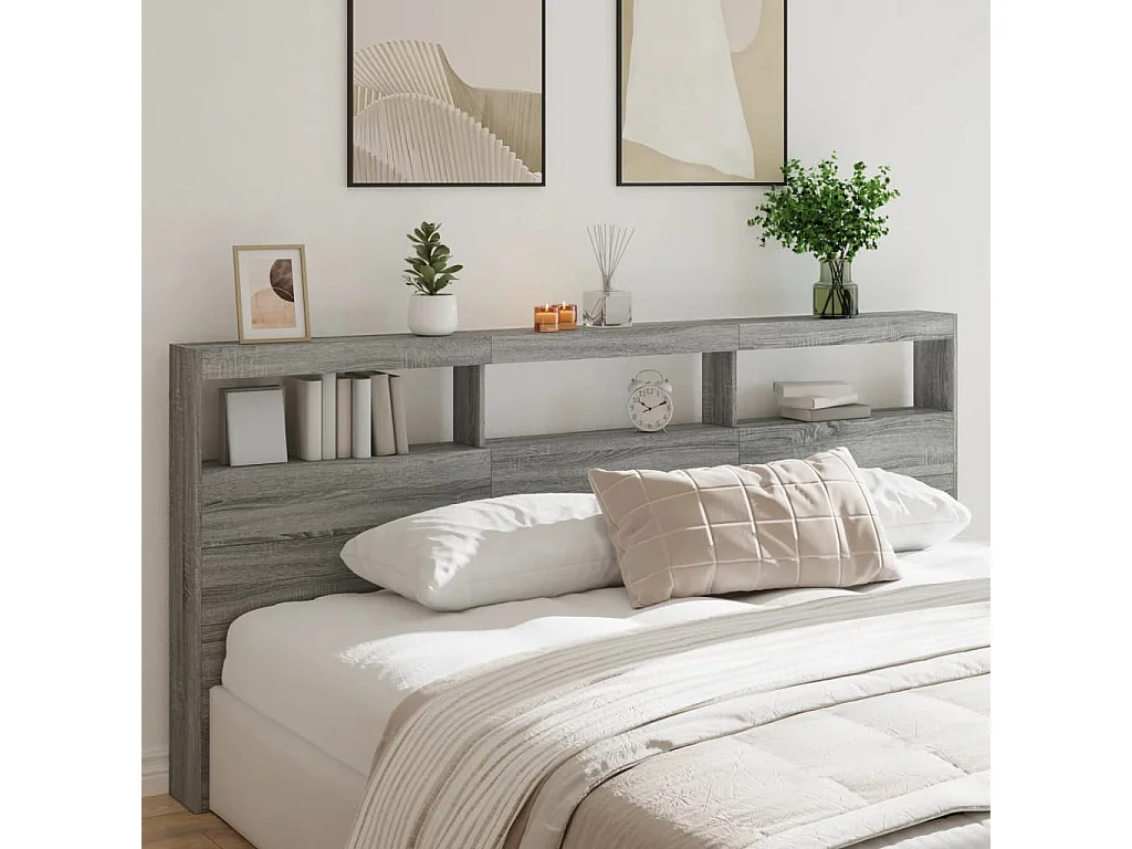 Armoire tête de lit avec LED sonoma gris 220x17x102 cm