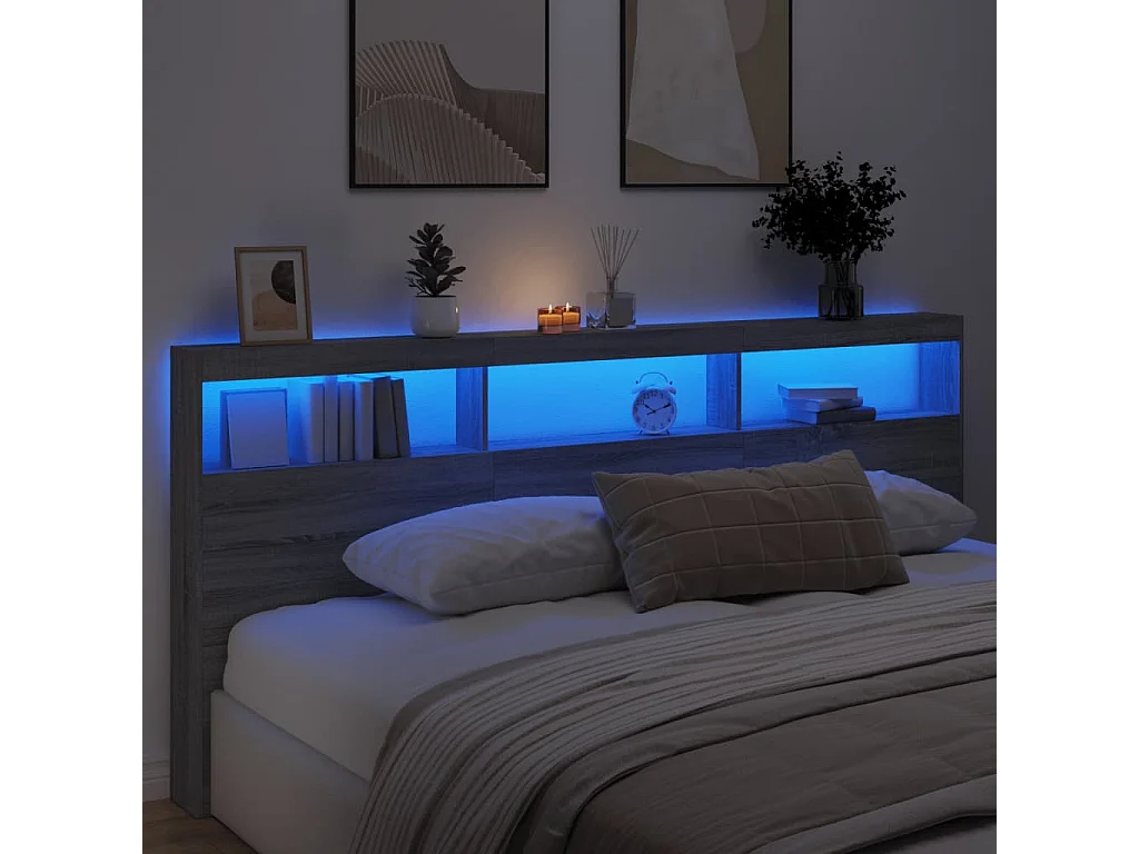 Armoire tête de lit avec LED sonoma gris 220x17x102 cm
