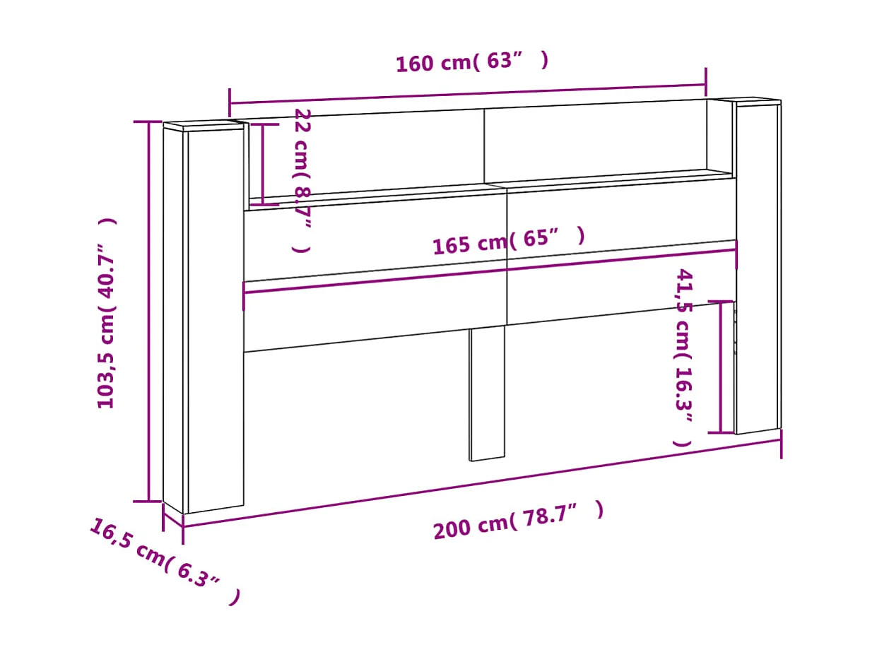 Hoofdbordkast met LED-verlichting 200x16,5x103,5 cm wit