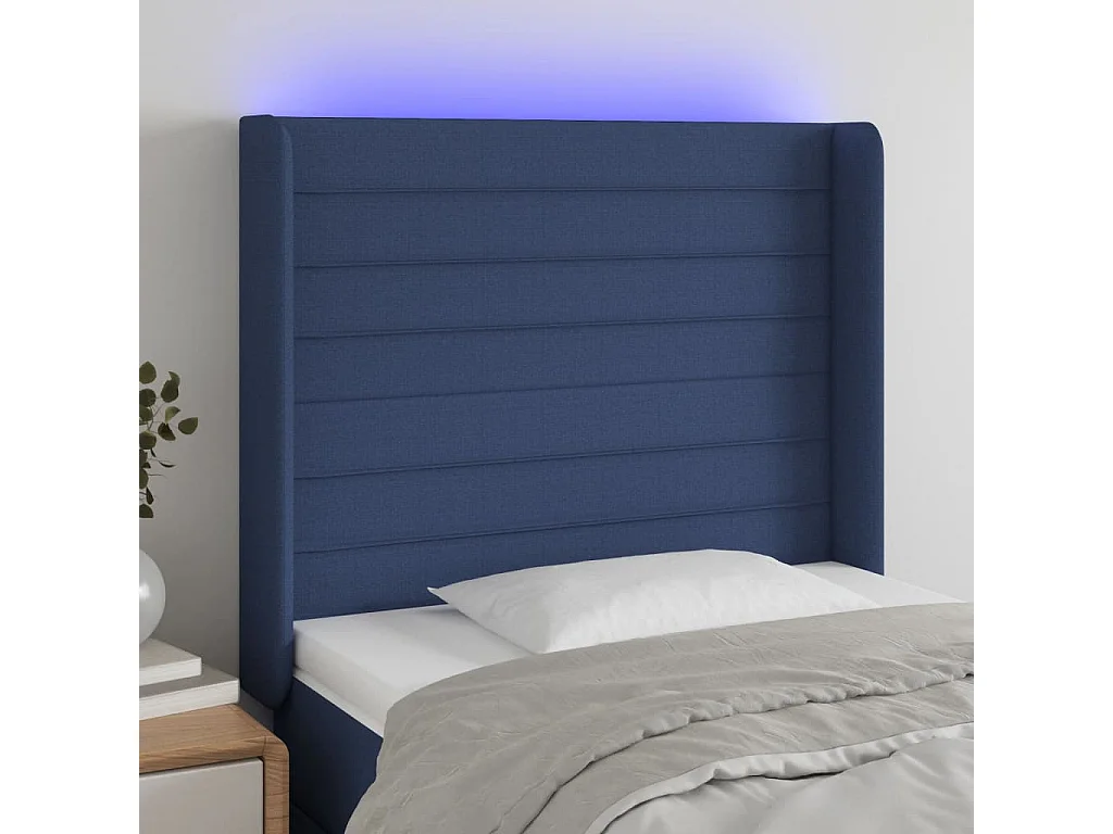 Cabeceira de cama c/ luzes LED tecido 93x16x118/128 cm azul