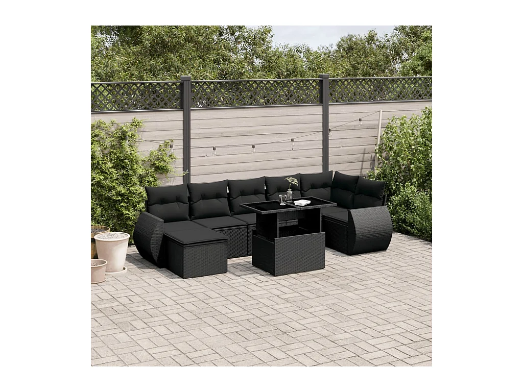 8-delige Loungeset met kussens poly rattan zwart