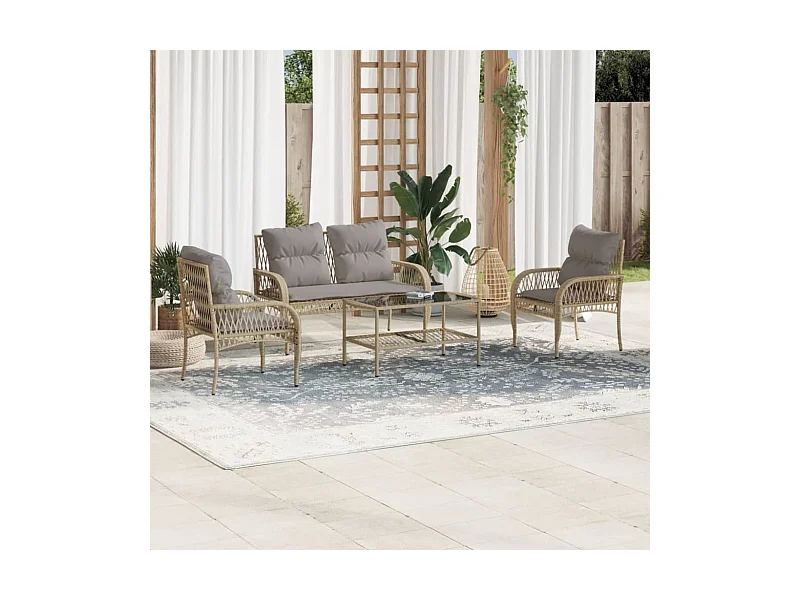 Salon de jardin avec coussins 4 pcs beige résine tressée