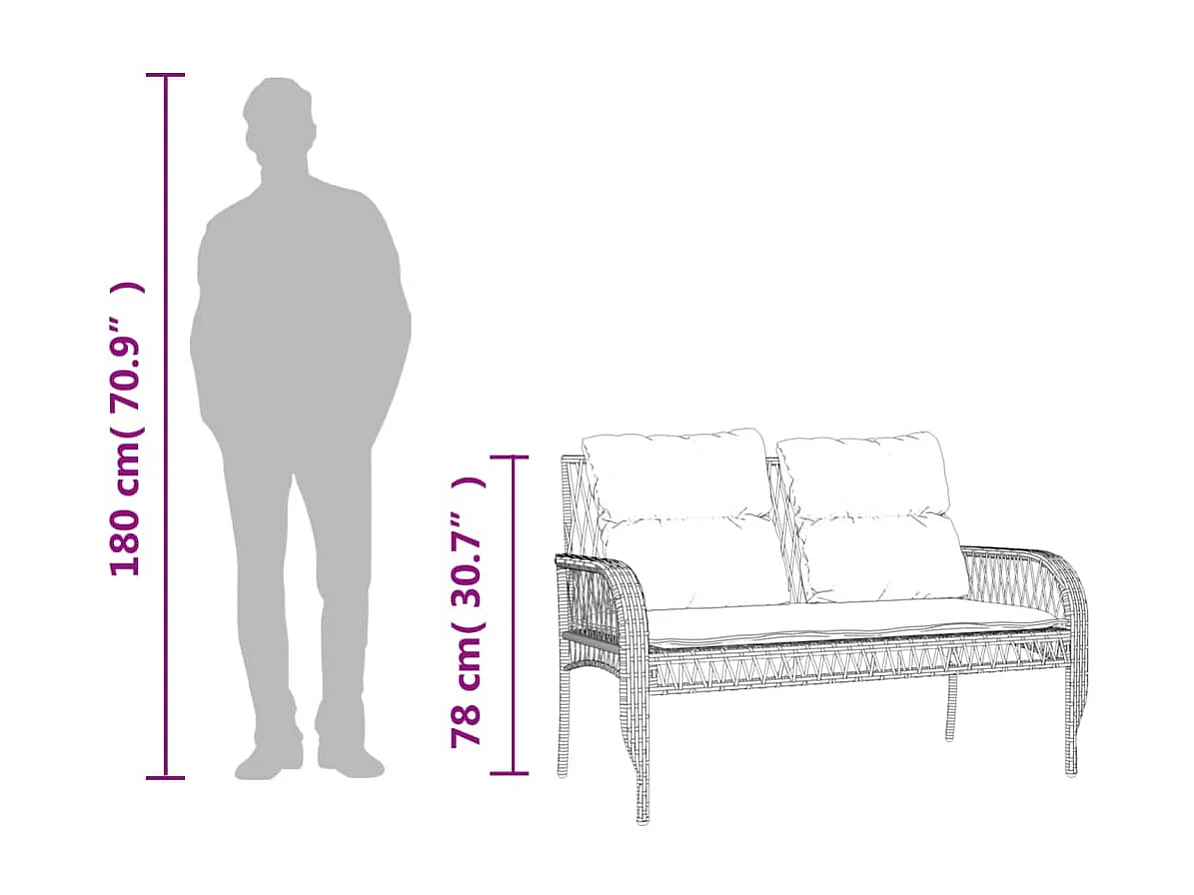 4 pcs conjunto sofás de jardim c/ almofadões vime PE castanho