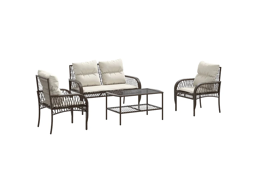 4-delige Loungeset met kussens poly rattan bruin