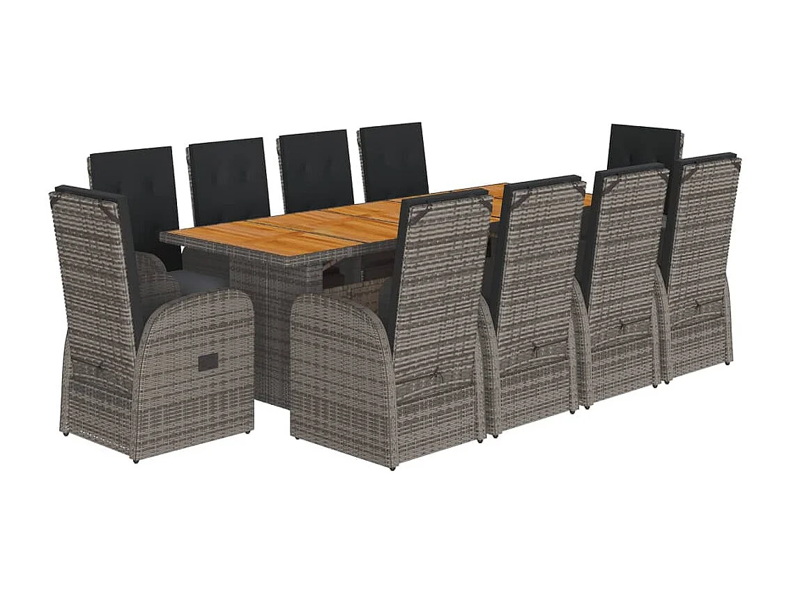 11 pcs conjunto jantar p/ jardim c/ almofadões vime PE cinzento