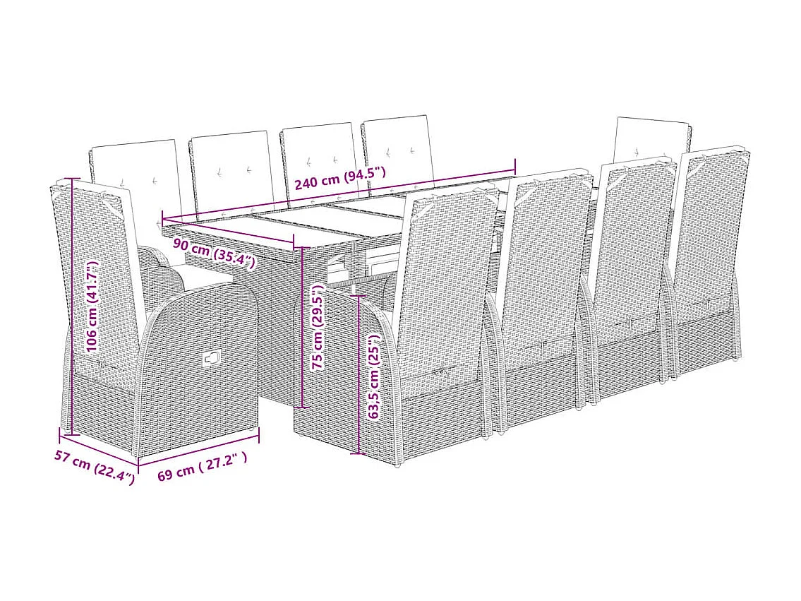 11 pcs conjunto jantar p/ jardim c/ almofadões vime PE cinzento