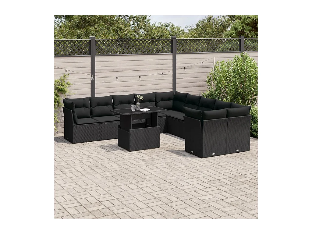 Salon de jardin 11 pcs avec coussins noir résine tressée