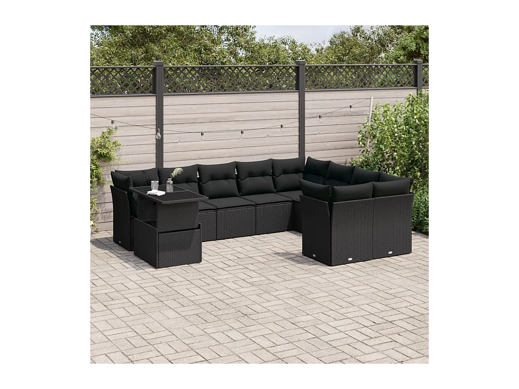 Set Divani da Giardino 10pz con Cuscini in Polyrattan Nero
