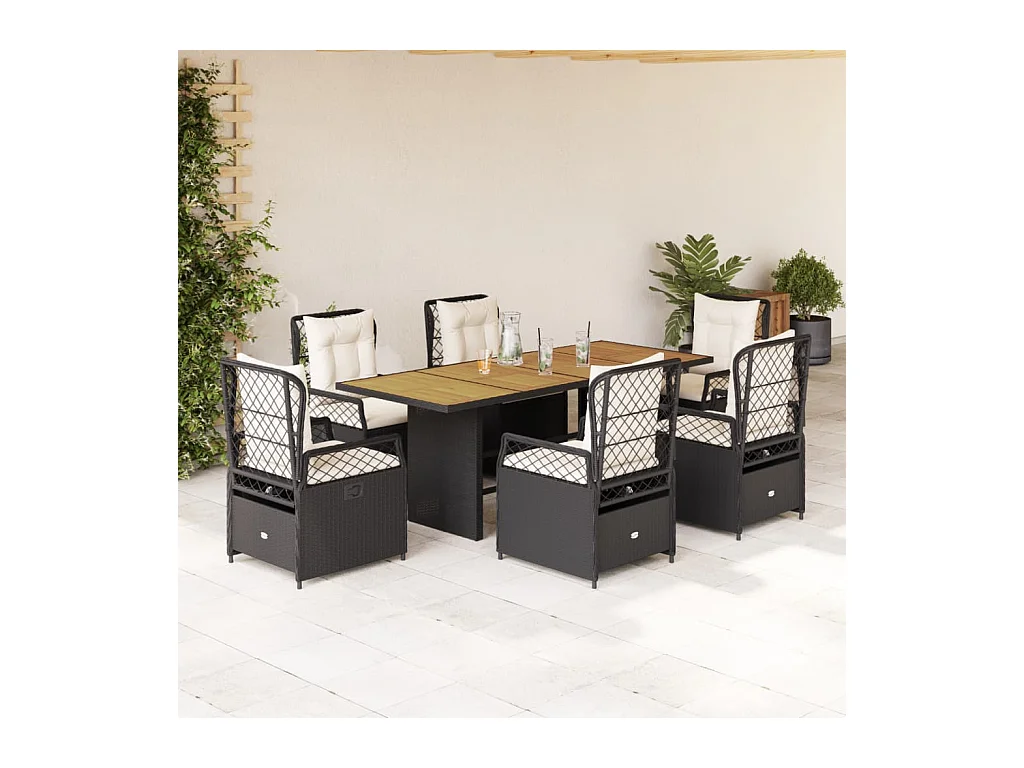 Set da Pranzo da Giardino 7 pz Nero con Cuscini in Polyrattan