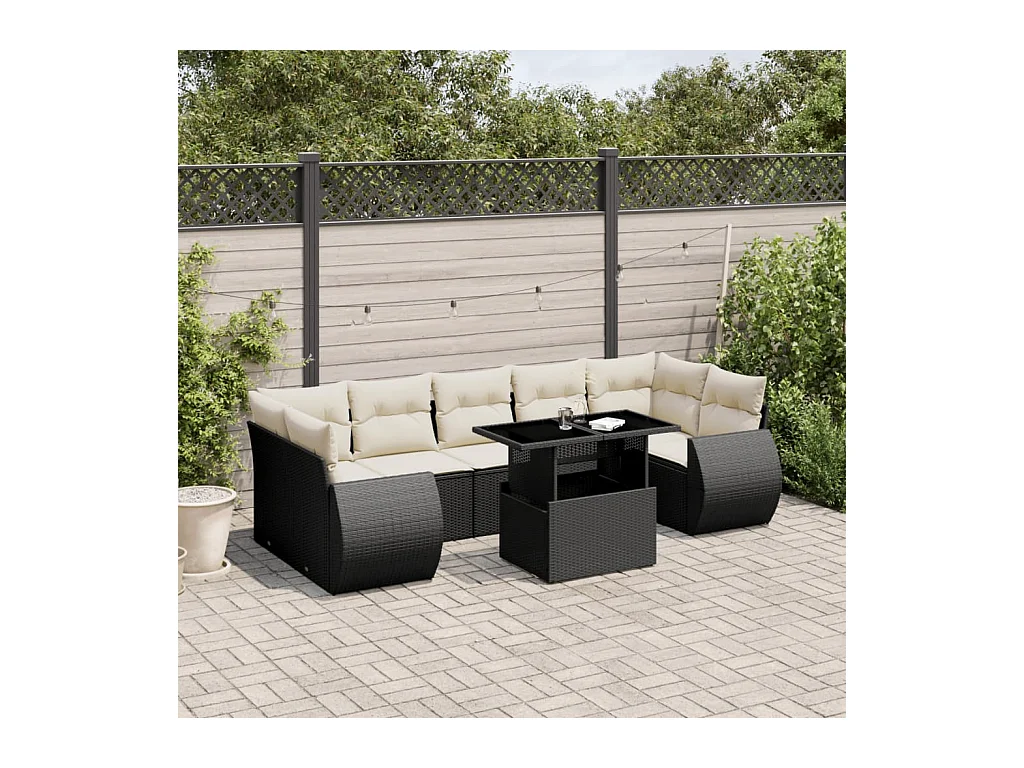 Salon de jardin 8 pcs avec coussins noir résine tressée