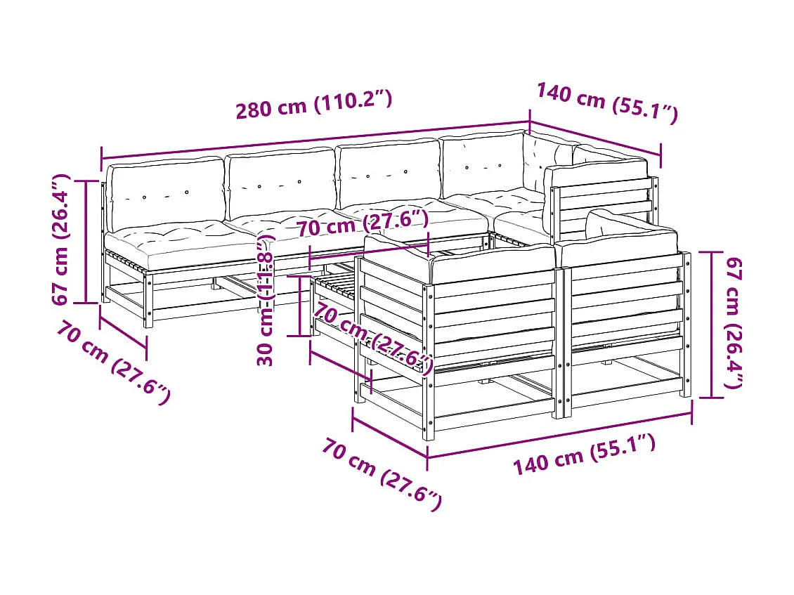 Salon de jardin 8 pcs avec coussins bois de pin massif