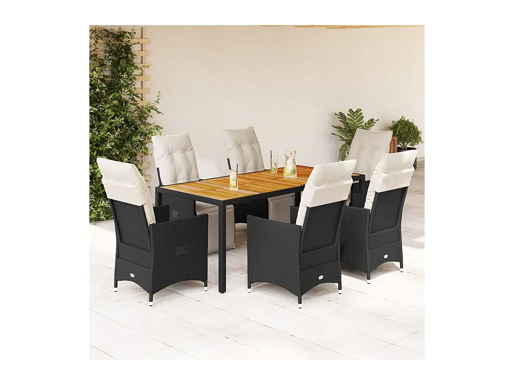 Ensemble à manger de jardin coussins 7pcs Noir Résine tressée