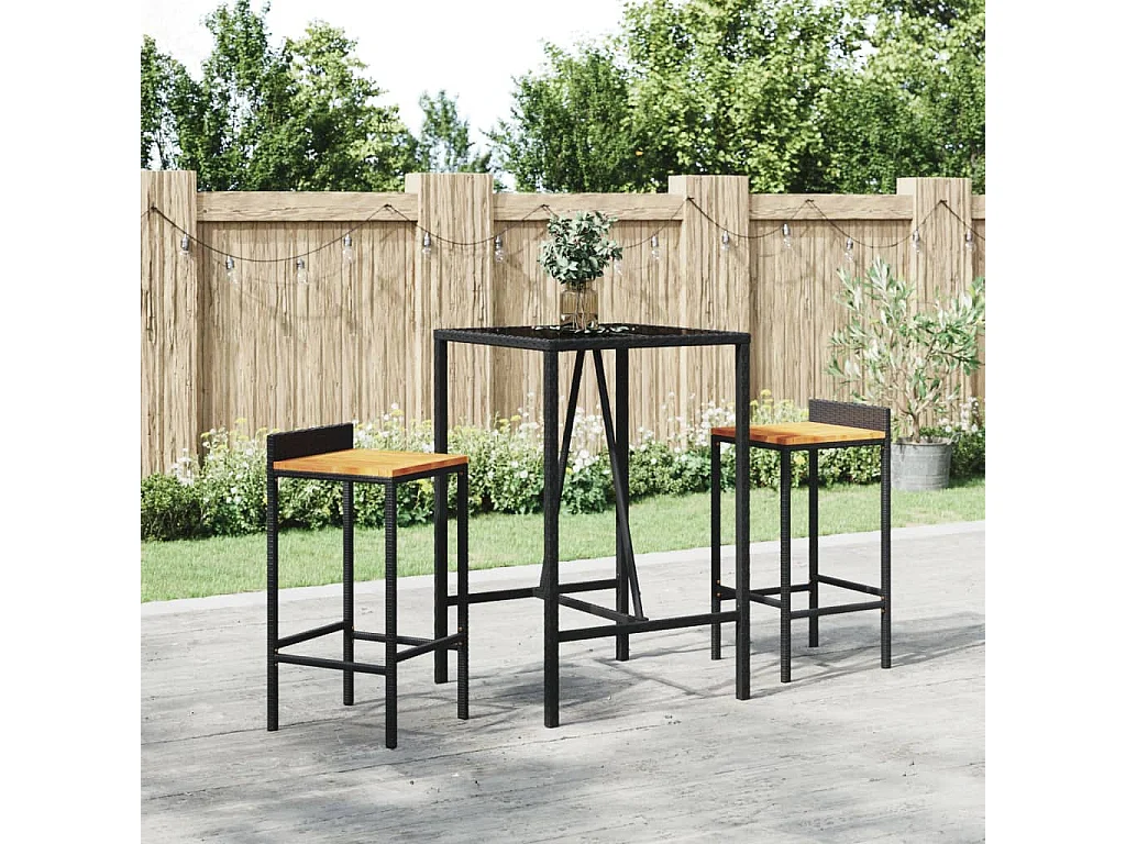 3 pcs conjunto de bar p/ jardim vime PE/acácia maciça preto