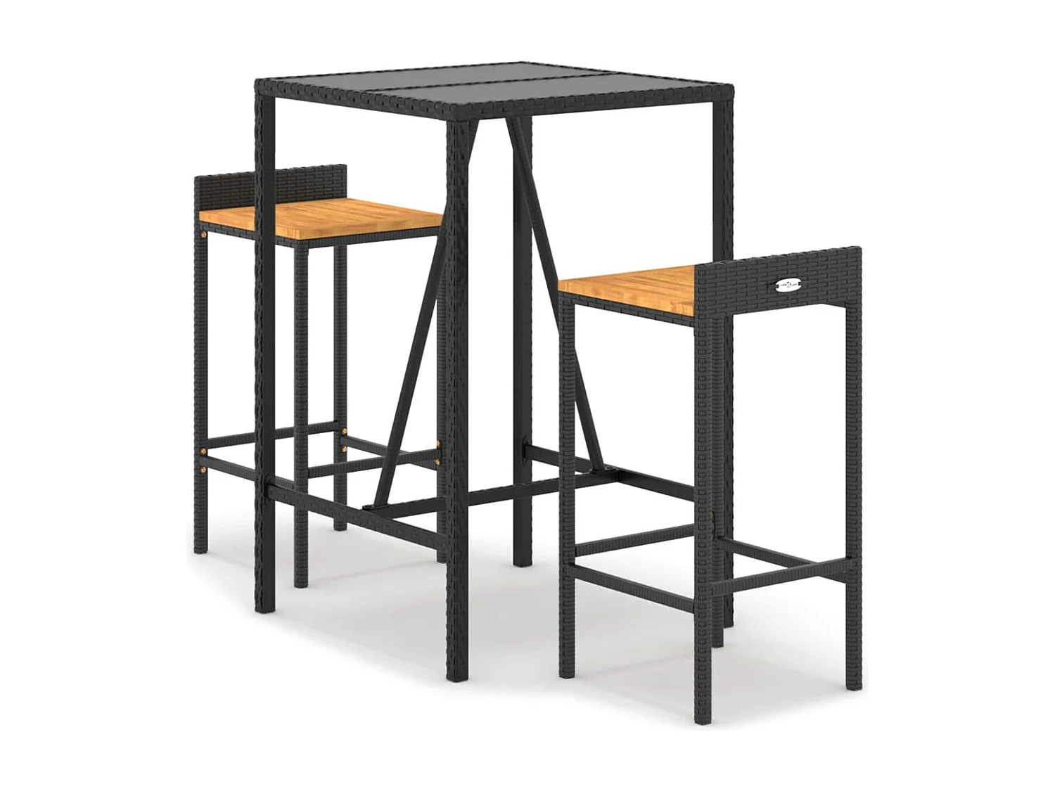 3 pcs conjunto de bar p/ jardim vime PE/acácia maciça preto