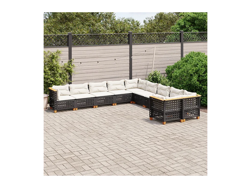 10-delige Loungeset met kussens poly rattan zwart