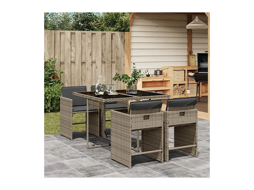 5-tlg. Garten-Essgruppe mit Kissen Grau Poly Rattan