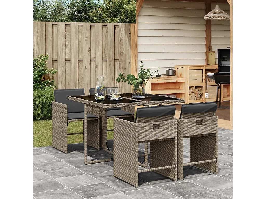 Set da Pranzo da Giardino 5 pz con Cuscini in Polyrattan Grigio