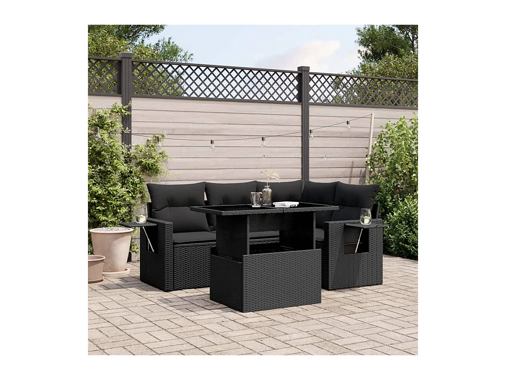 Set Divani da Giardino 5 pz con Cuscini in Polyrattan Nero