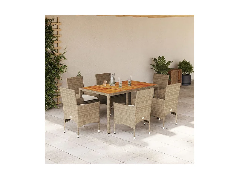 Set Pranzo da Giardino 7 pz con Cuscini Beige Polyrattan Acacia