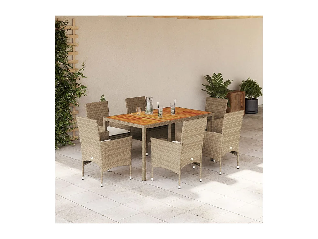 7-tlg. Garten-Essgruppe mit Kissen Beige Poly Rattan Akazie