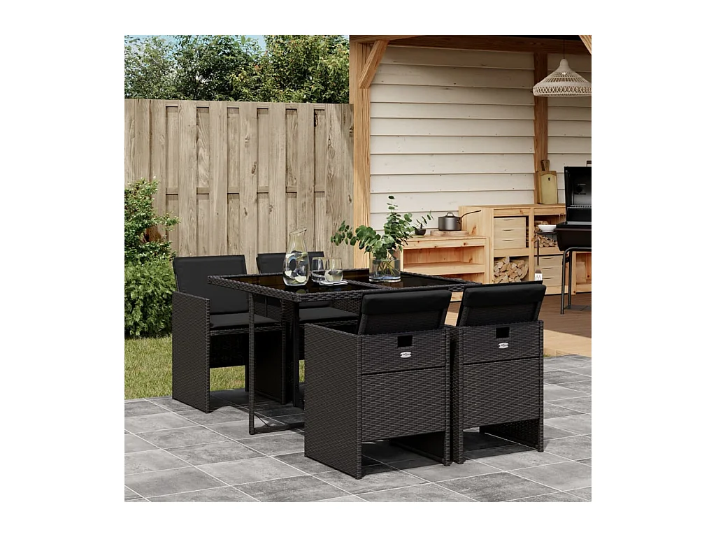 Set da Pranzo da Giardino 5 pz Nero con Cuscini in Polyrattan