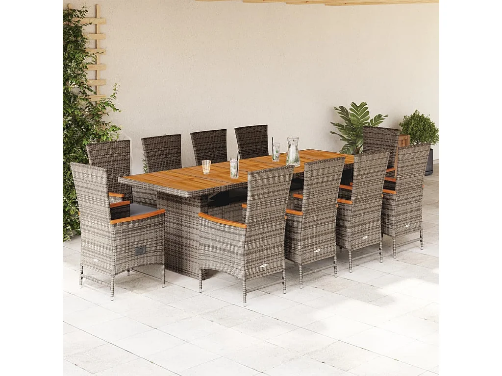 11 pcs conjunto jantar p/ jardim c/ almofadões vime PE cinzento