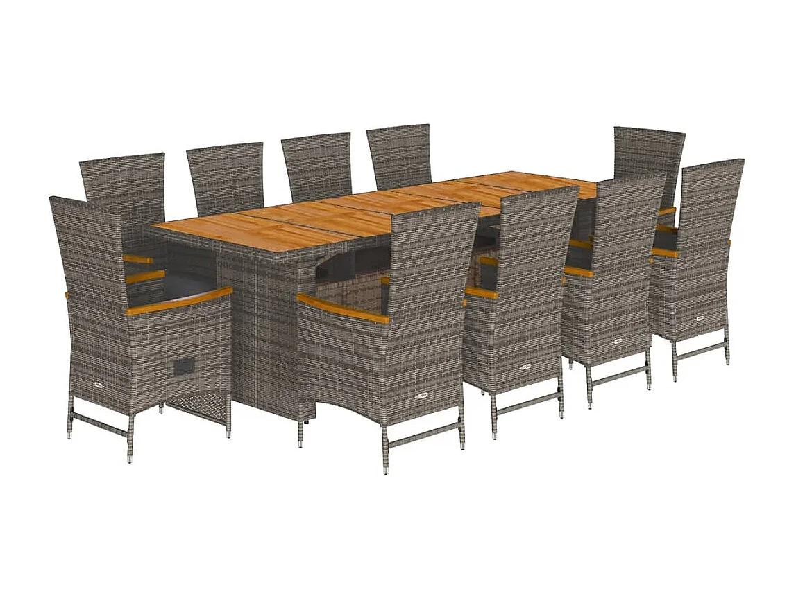 11 pcs conjunto jantar p/ jardim c/ almofadões vime PE cinzento