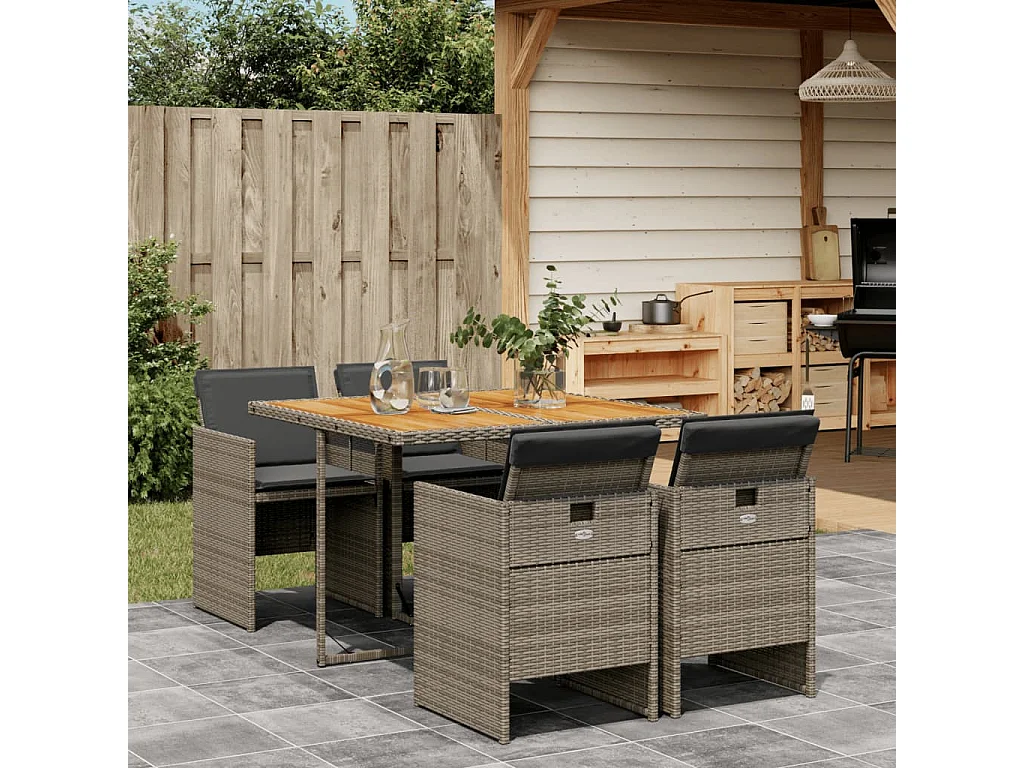 5-tlg. Garten-Essgruppe mit Kissen Grau Poly Rattan