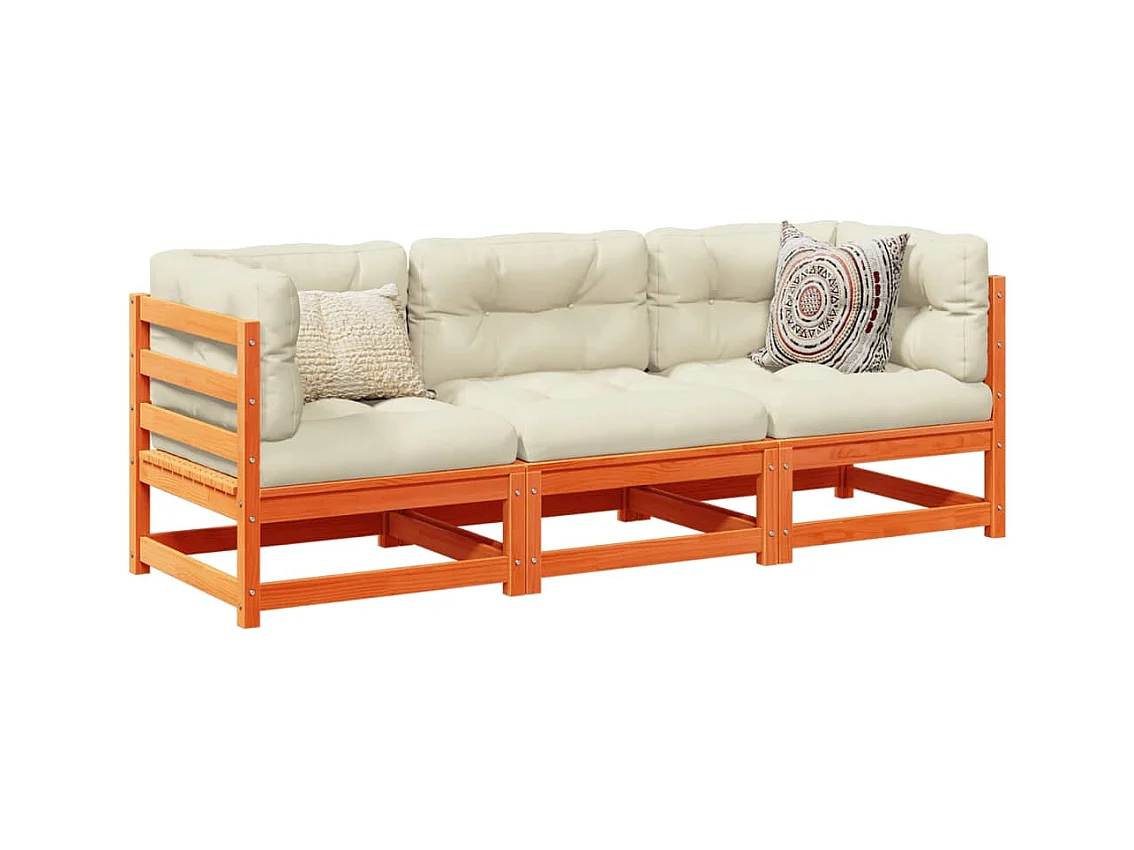 Set de sofás jardín 3 pzas con cojines madera pino marrón cera