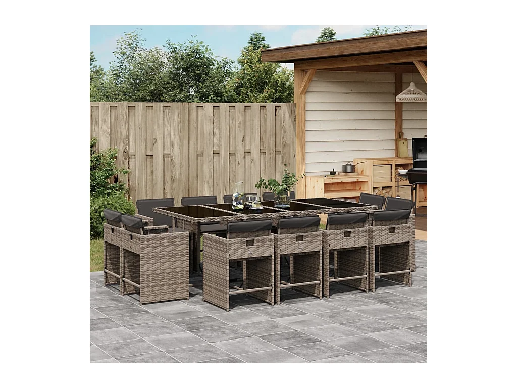 13-tlg. Garten-Essgruppe mit Kissen Grau Poly Rattan