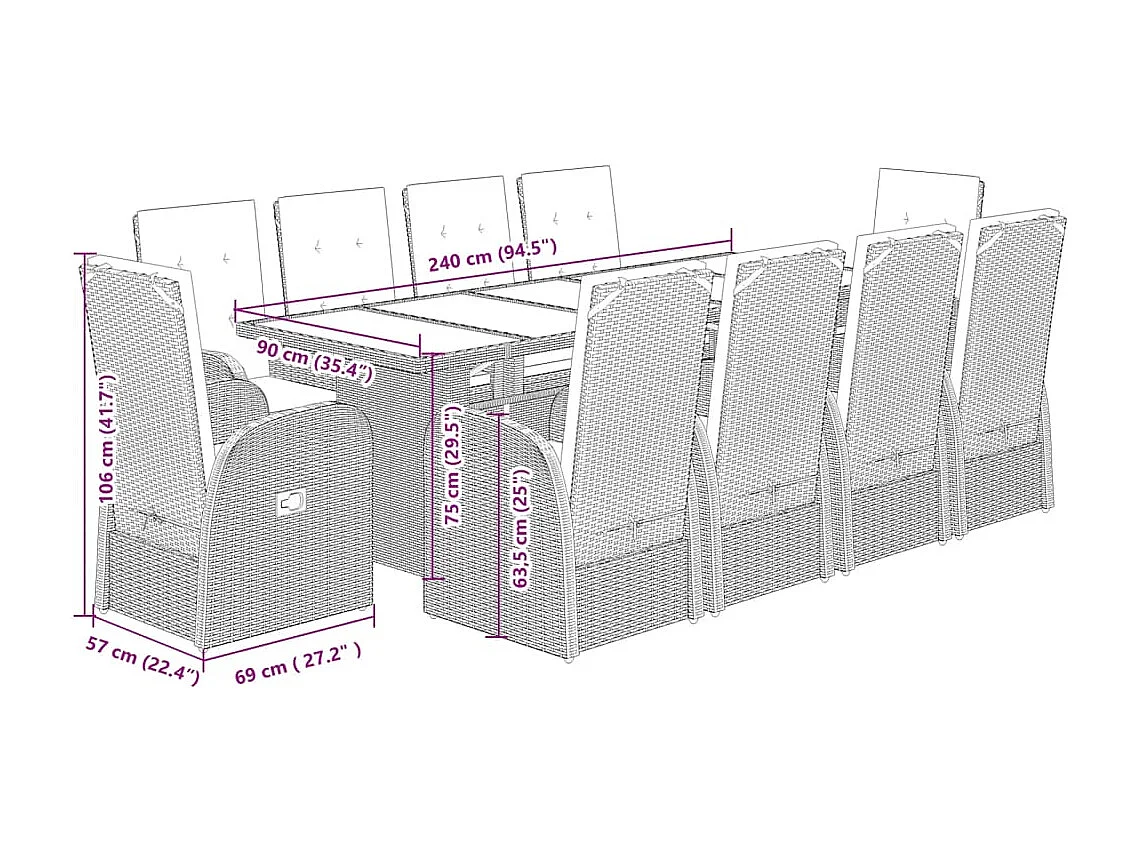 Ensemble à manger de jardin 11pcs avec coussins gris poly rotin