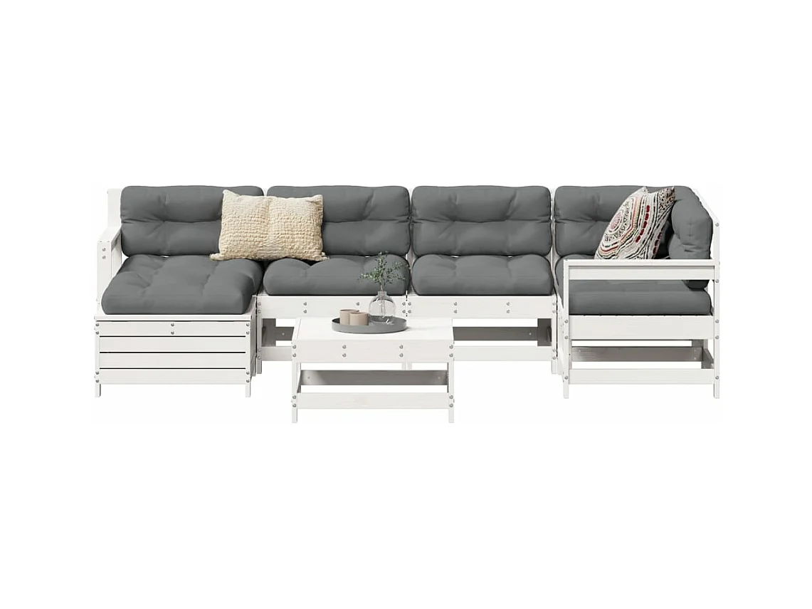 Set Divani da Giardino 7 pz Bianco in Legno Massello di Pino