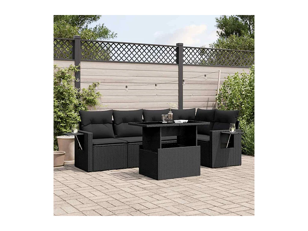 Set Divano da Giardino 6 pz con Cuscini Nero in Polyrattan