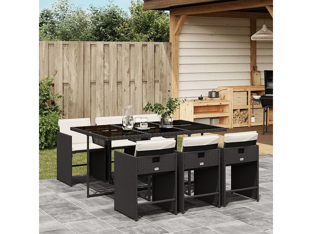 Ensemble à manger de jardin coussins 7pcs Noir Résine tressée