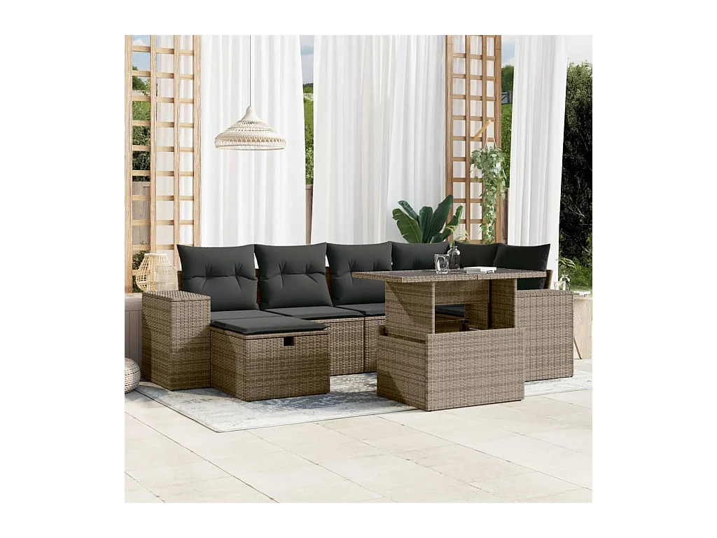 Salon de jardin avec coussins 7 pcs gris résine tressée