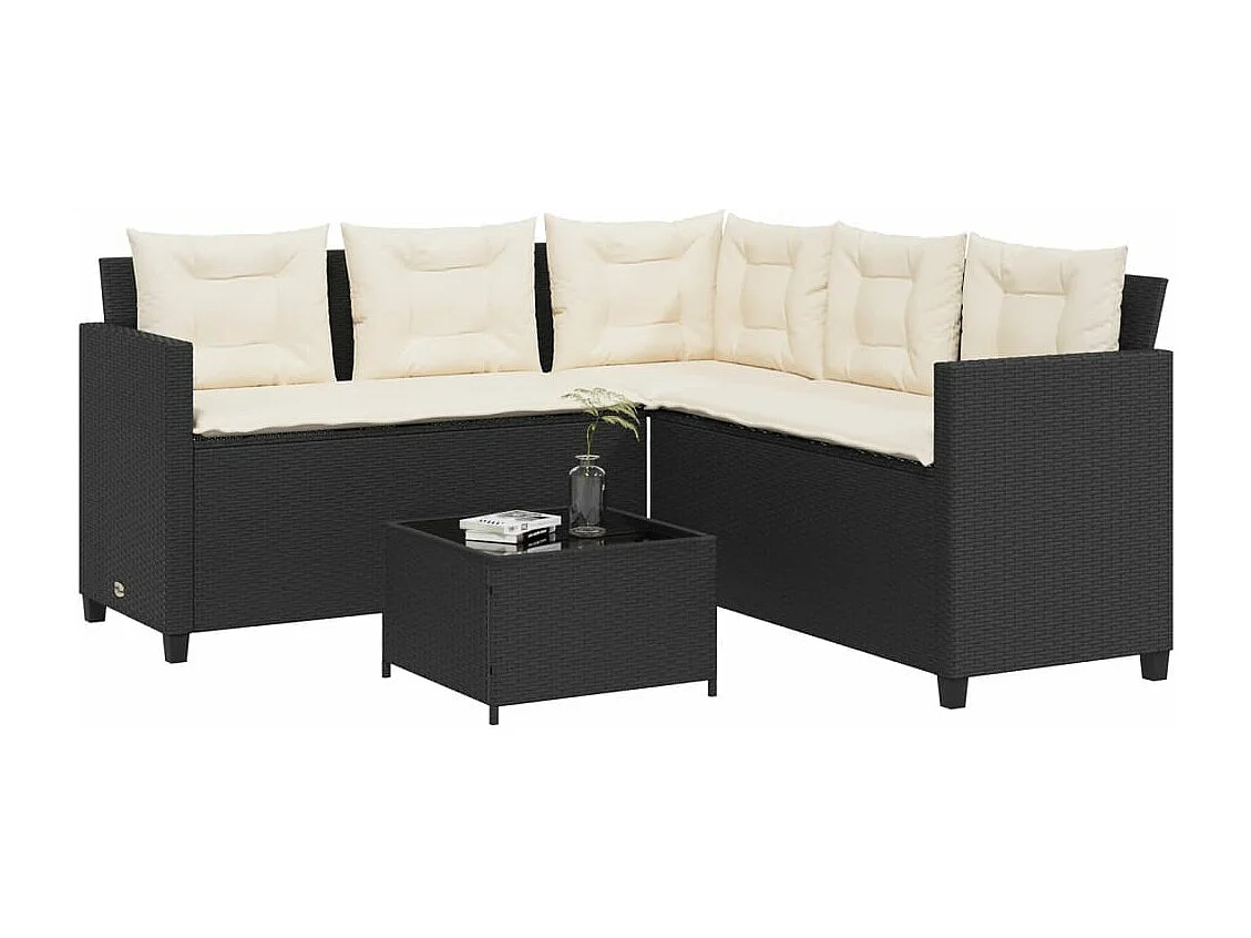 Tuinbank met tafel en kussens L-vormig poly rattan zwart
