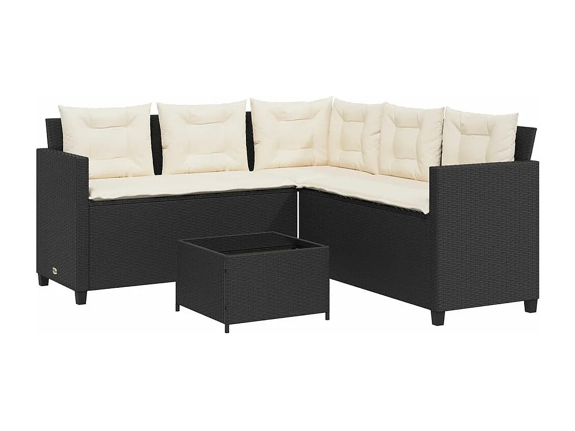 Tuinbank met tafel en kussens L-vormig poly rattan zwart