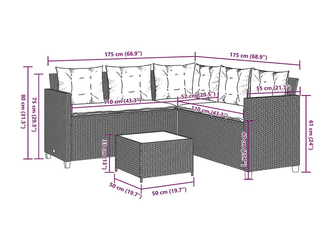 Tuinbank met tafel en kussens L-vormig poly rattan zwart