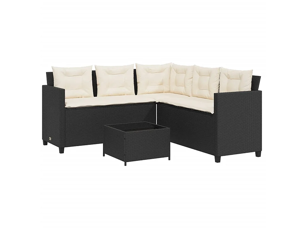 Tuinbank met tafel en kussens L-vormig poly rattan zwart