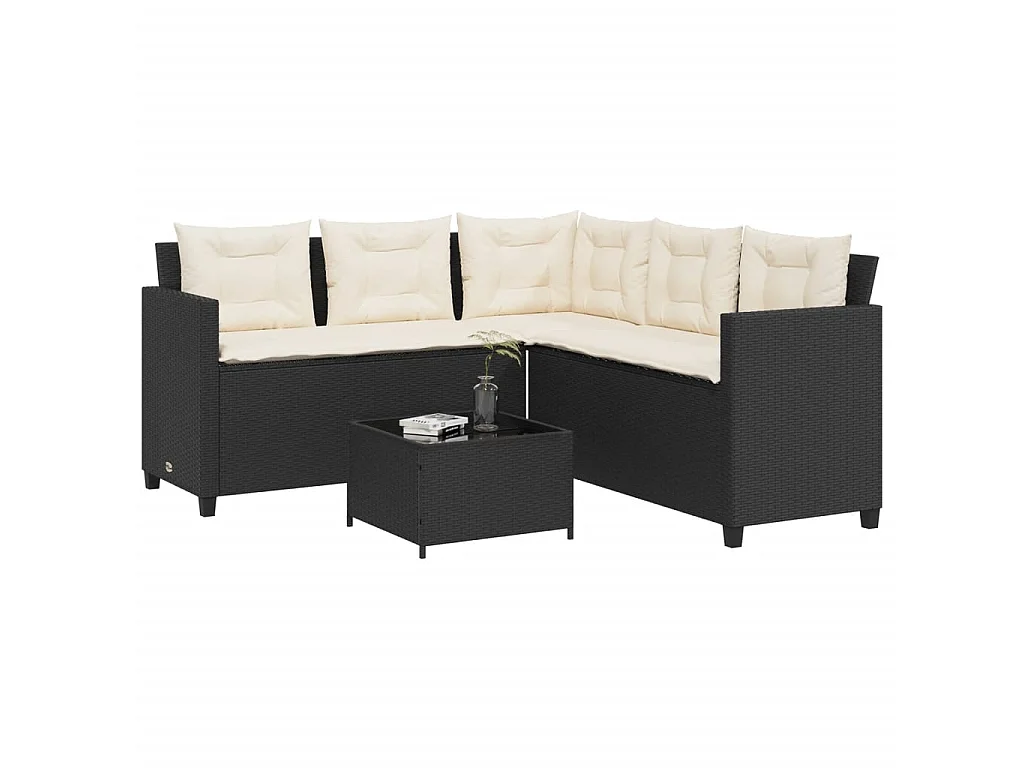 Tuinbank met tafel en kussens L-vormig poly rattan zwart