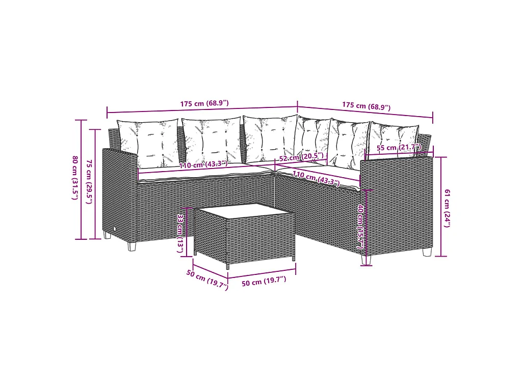 Tuinbank met tafel en kussens L-vormig poly rattan zwart