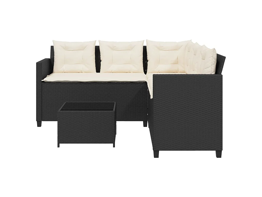 Tuinbank met tafel en kussens L-vormig poly rattan zwart